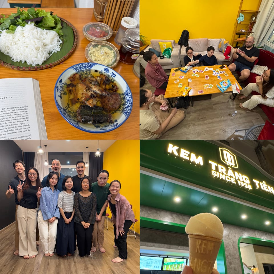 (Clockwise from top left: Bún chả, card games @ Improv Hub, Workshop, Kem Tràng Tiền ice cream)