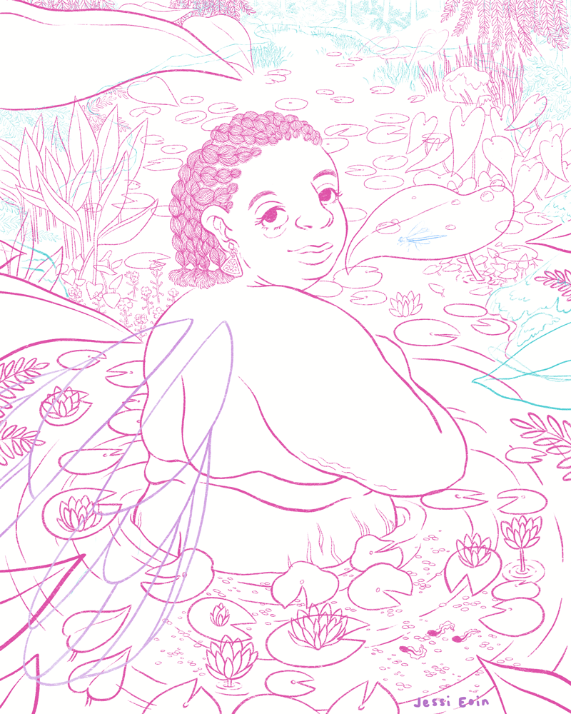 An illustration in progress at the line art stage with pink, teal, and purple lines. The piece is of a fat, disabled, Black dragonfly fairy with Crouzon Syndrome; her hair is braided back, and she looks back over her shoulder directly at the viewer with big beautiful eyes. She wades in a pool of water filled with water lily pads and framed by a variety of luscious plants. A dragonfly perches nearby on a fantastically large leaf of a plant.