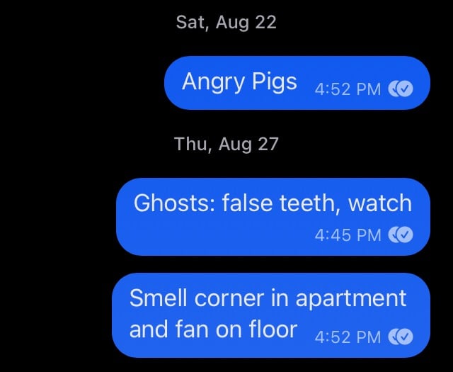 A screencap of texts to oneself, three individual texts over two days. "Angry pigs." "Ghosts: false teeth, watch." "Smell corner in apartment and fan on floor."