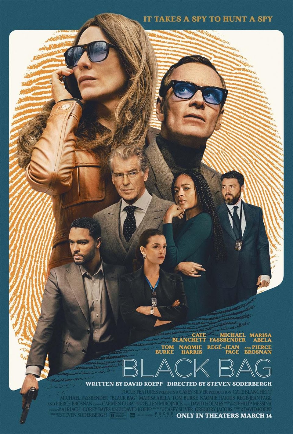 The very stylish cast of Black Bag are arrayed against a backdrop of an orange fingerprint