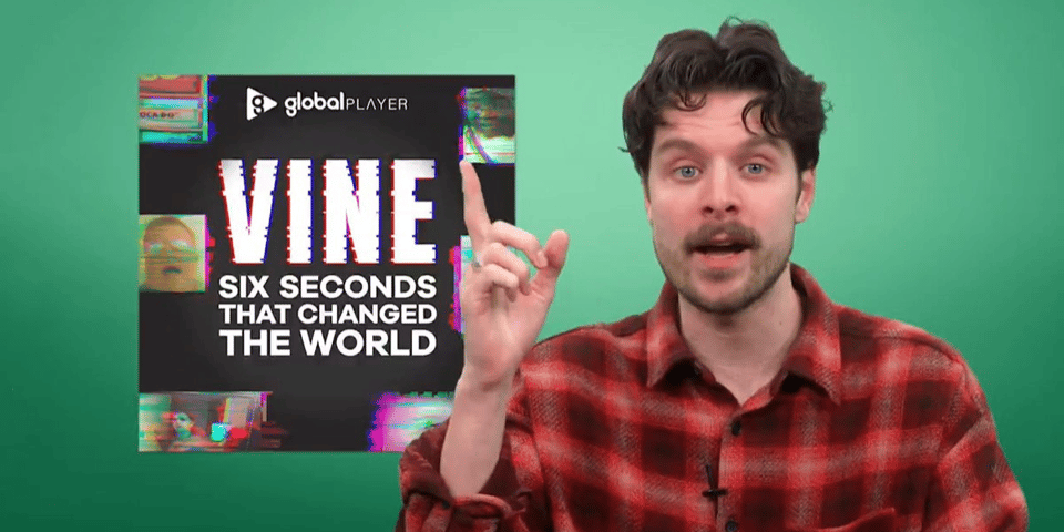 Benedict introduces his new podcast in front of a green screen.