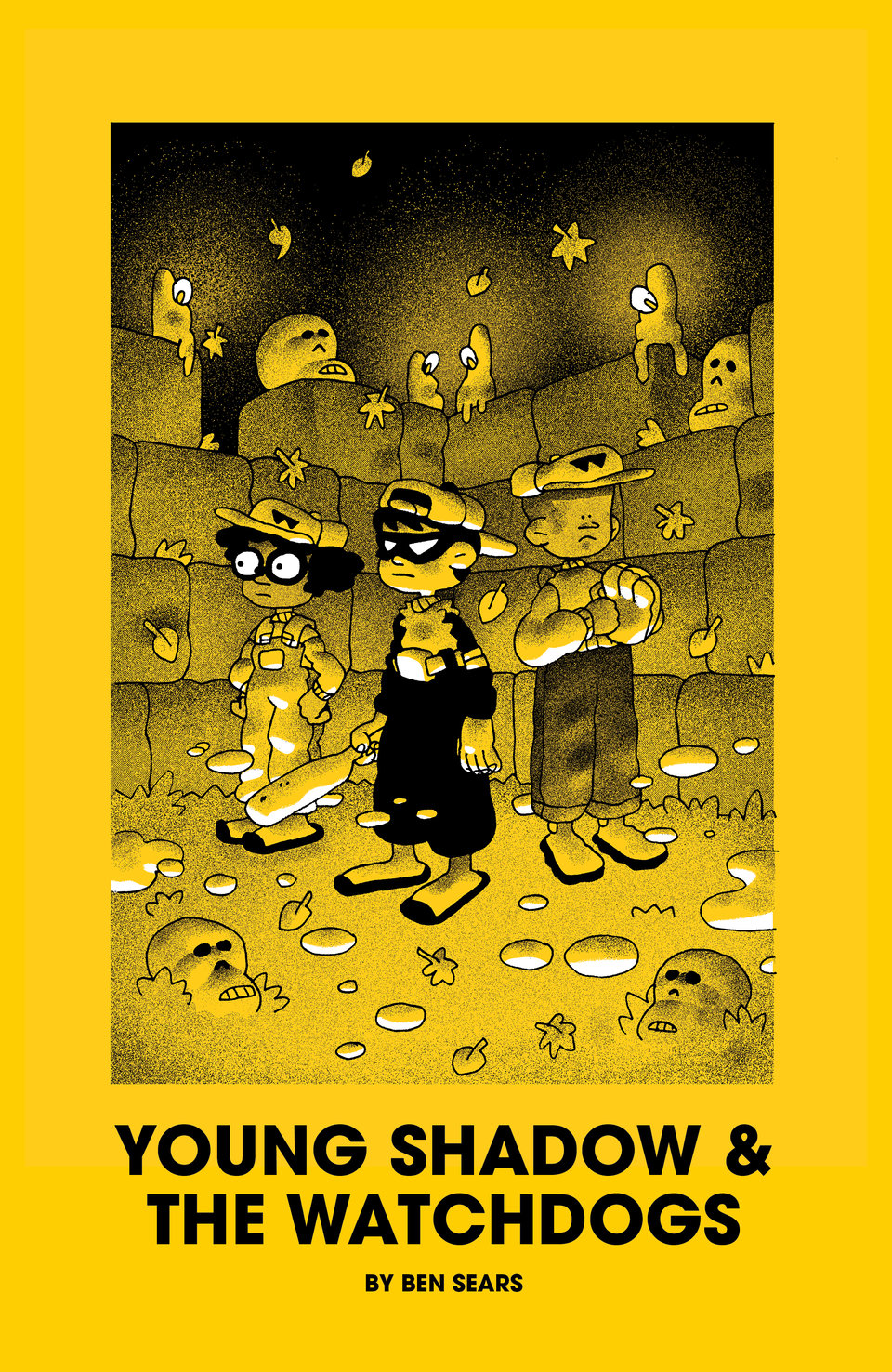 Temporary comic cover for Young Shadow & The Watchdogs. Young Shadow and two teammates are standing in what appears to be a baseball field in a cemetery.