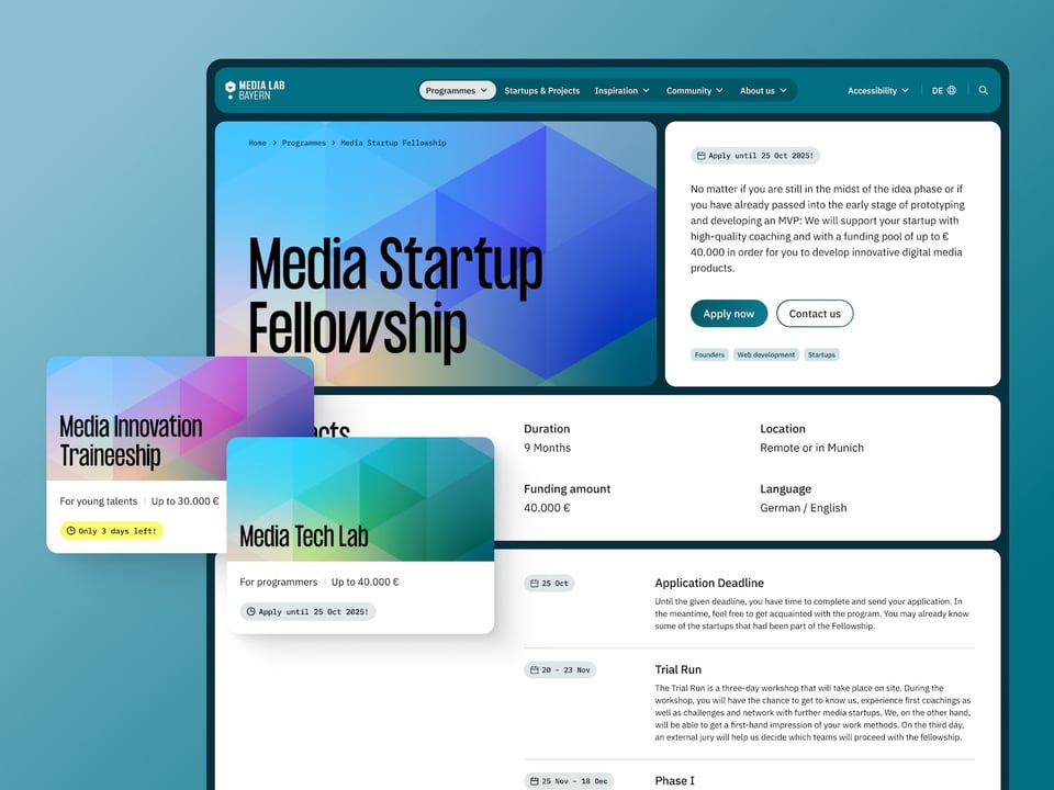 A collage of a few screenshots of Media Lab Bayern’s website, showing the page about their “Media Startup Fellowship” and two other program teasers floating above.