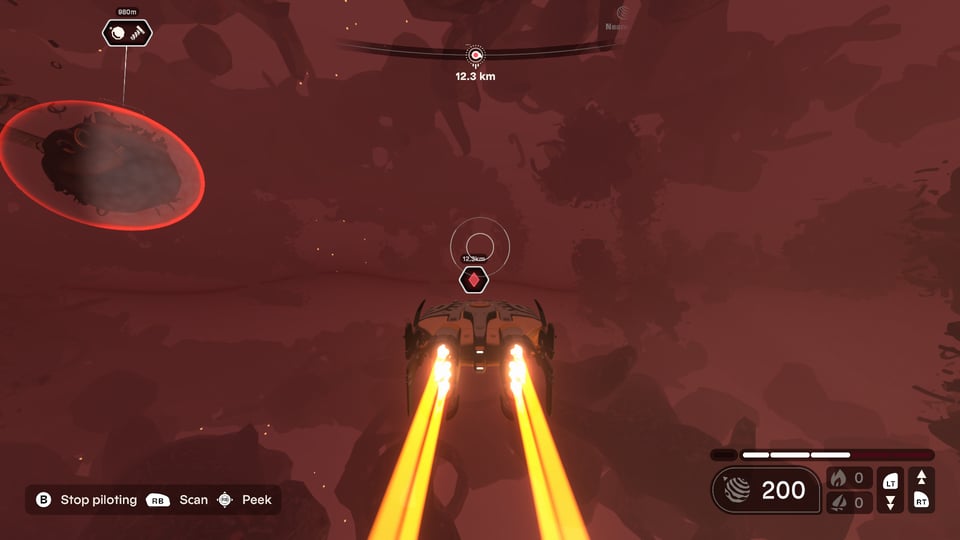 Screenshot of a spaceship flying through an area of space with red sky and a moonlet in the distance.
