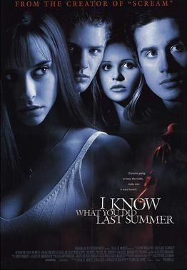 A dark blue-toned poster for I Know What You Did Last Summer, featuring the film’s main cast above the title and a shadowy figure holding a hook.