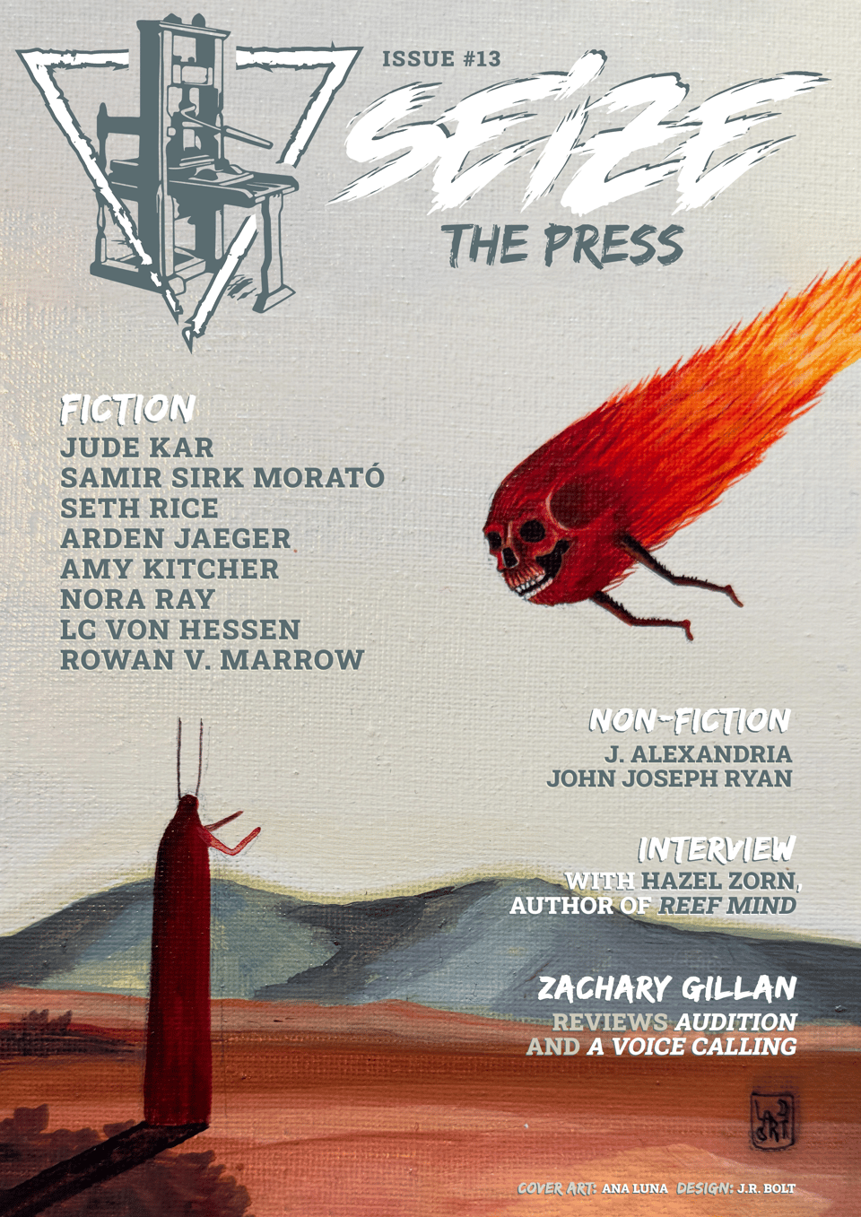 The cover of Seize The Press Magazine Issue 13, showing a bipedal insectoid creature look on across a barren landscape as an asteroid in the shape of a burning skull hurtles towards the earth.