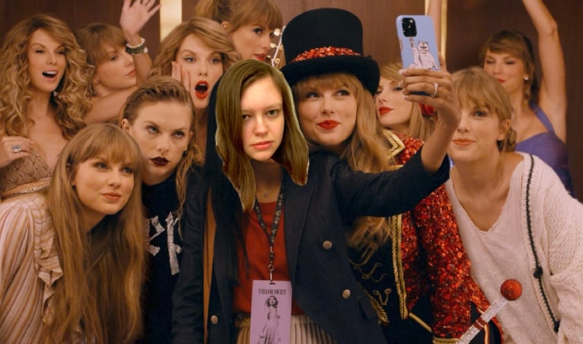 An edited screencap from the 2023 Eras Tour-themed Capital One commercial, where every iteration of Taylor Swift assembles to take a group selfie with a woman. The author of this article has pasted her own, unimpressed face onto that of the woman.