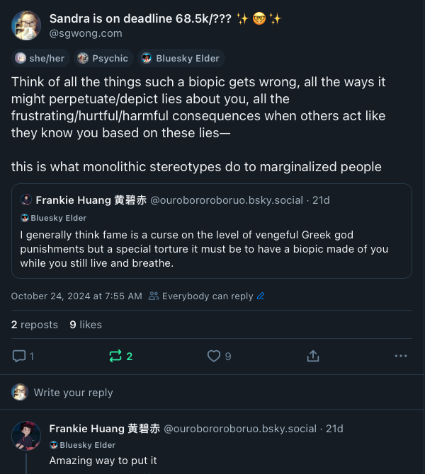 screen cap of a Bluesky interaction between me and Frankie Huang