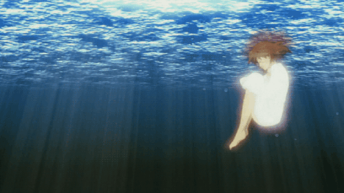An animated GIF of a character from the anime series "Haibane Renmei" twirling around an underwater background.