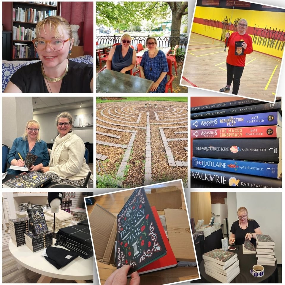 A collage of images, including selfies and photos of books.