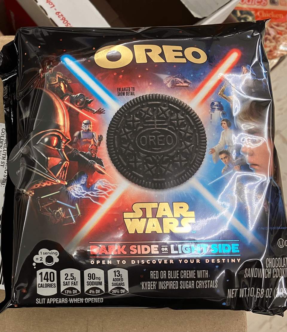 A package of Star Wars light and dark side Oreos
