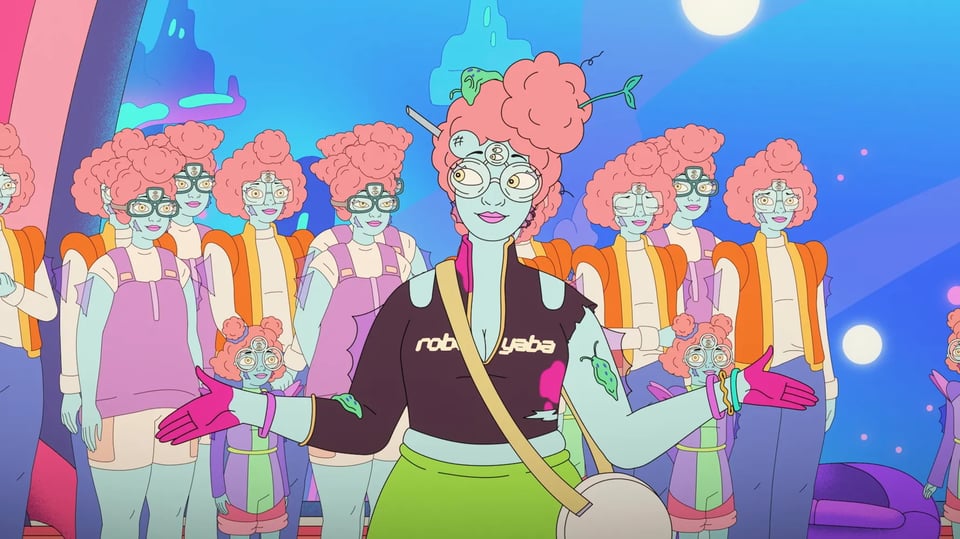 Dr. Klak, a blue-skinned woman with three eyes and pink hair, wears a robo yaba shirt that exposes cleavage, plus a green skirt. Behind her stand a whole bunch of women and girls that look just like her.