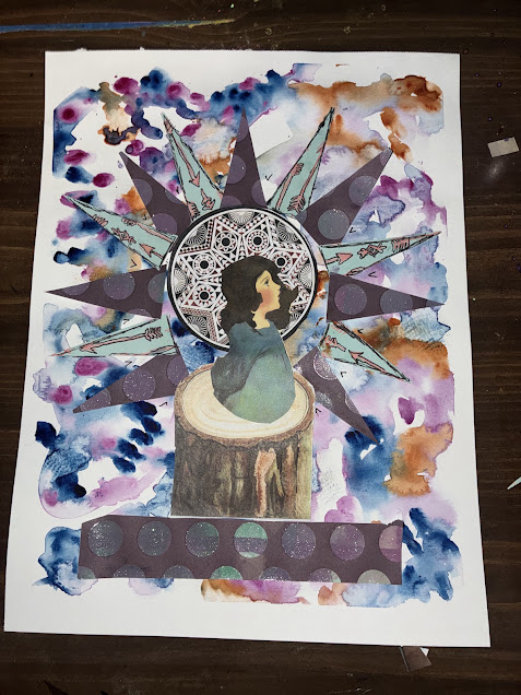 A watercolor background with blue, purple, and dark orange. A young woman with a halo & rays coming out of it.