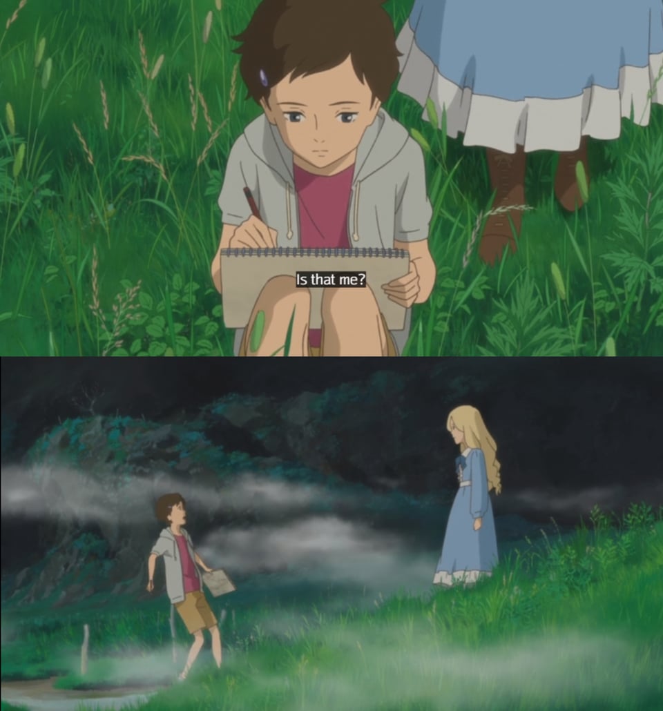 A collage of screencaps. In the first, Anna is sitting on the ground sketching. Marnie walks up and asks, "Is that me?" In the second, Anna is startled by Marnie.