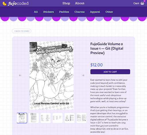 The shop page for FujoGuide Volume 0 Issue 1 on Git which costs $12.   The cover shows Boba-tan sitting and posing, holding tiny figures of Terminal, Git, Aria, and HTML.   It is subtitled "Local version control with Git".