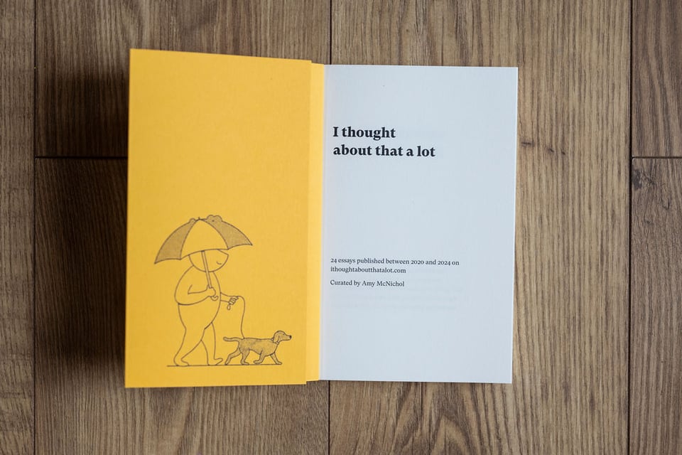 photograph of the inside of the front cover. shows an illustration of line drawing character walking their dog holding an umbrella