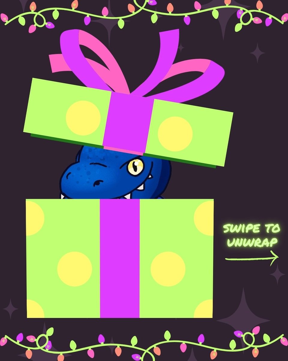 A holiday graphic with neon green and purple color scheme, showing a gift box cracked open and a little goofy lizard face peeking out. The lizard is illustrated with big yellow eyes, a Labubu-like grin, and mottled blue scales.