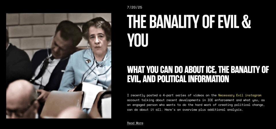 Hannah Arendt looks into the camera during Adolf Eichmann's trial in Jerusalem in the attached photo next to the blurb for the blog piece about ICE and the banality of evil