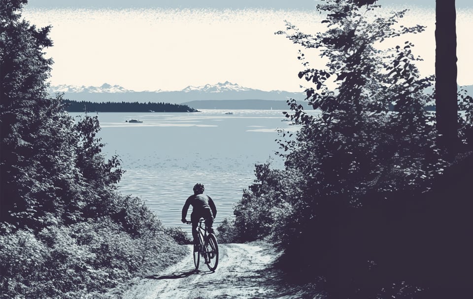 An illustration of a person biking down a hill.