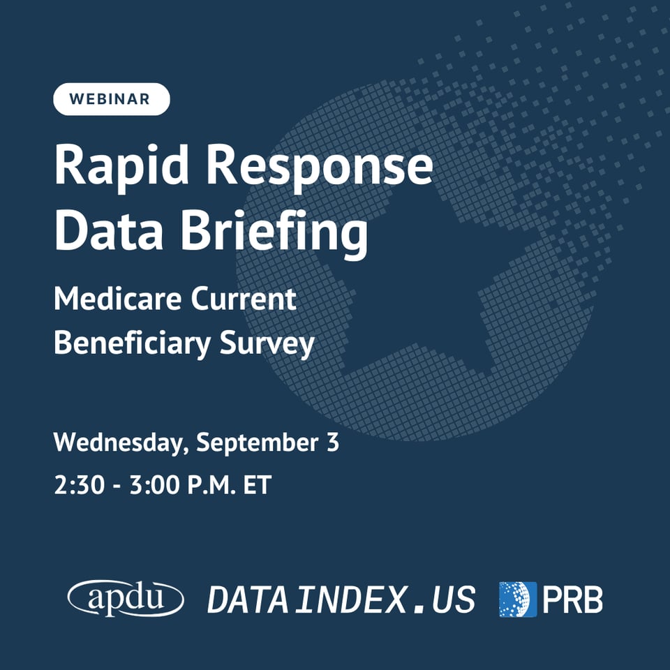 Announcement of a Rapid Response Data Briefing webinar covering the Medicare Current Beneficiary Survey on Wednesday, September 3 from 2:30-3PM ET with logos for the hosts: APDU, dataindex.us, and PRB