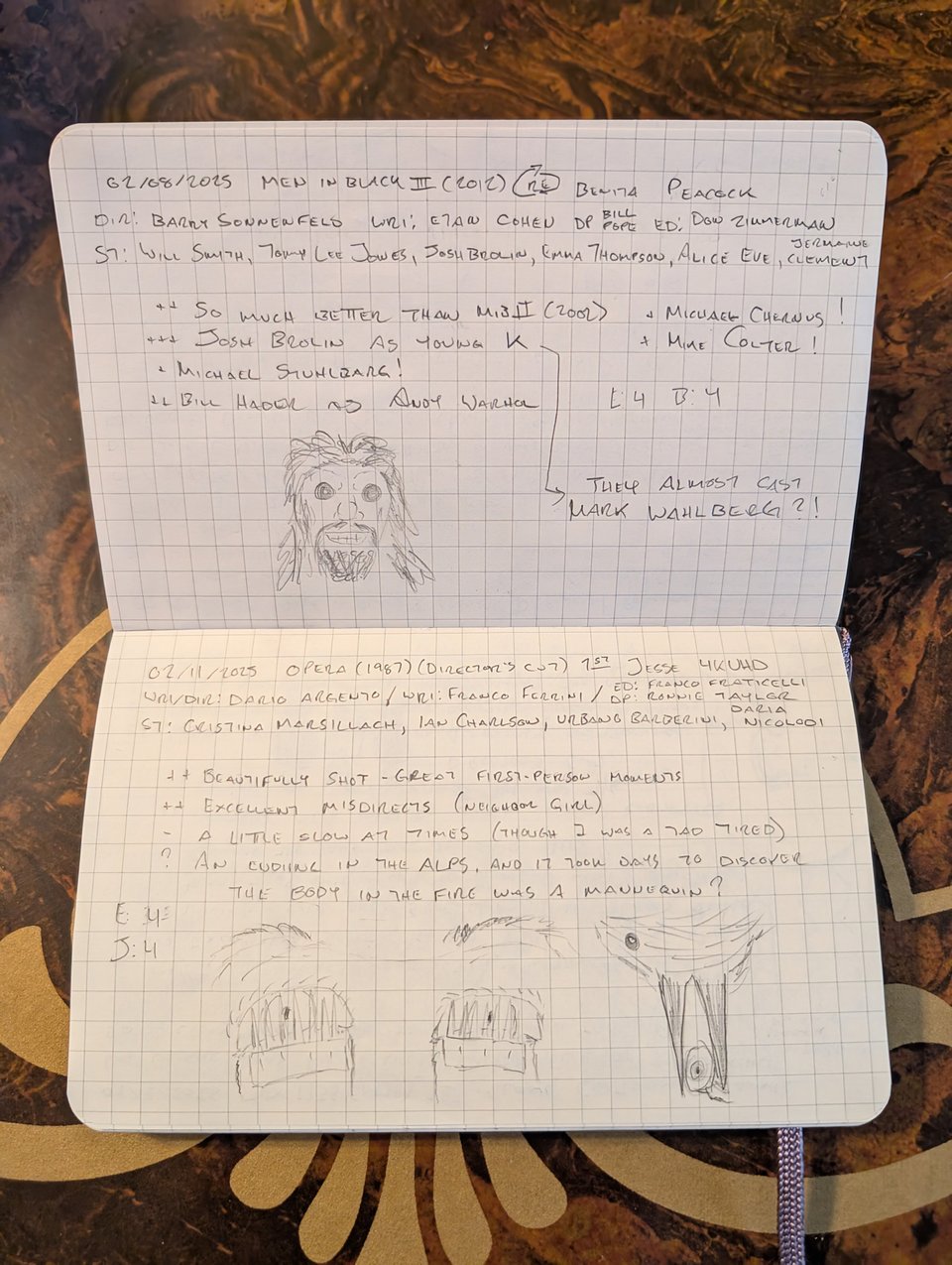 A quad-ruled notebook with handwritten notes/drawings about the movies Men in Black 3 and Opera.