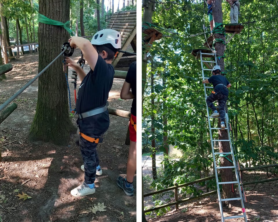 Two photos of a boy preparing to climb up into trees for an obstacle course in the air. The left hand photo shows him clipping himself into a metal rope. The right hand photo shows him climbing up a ladder to the first platform up in the trees.