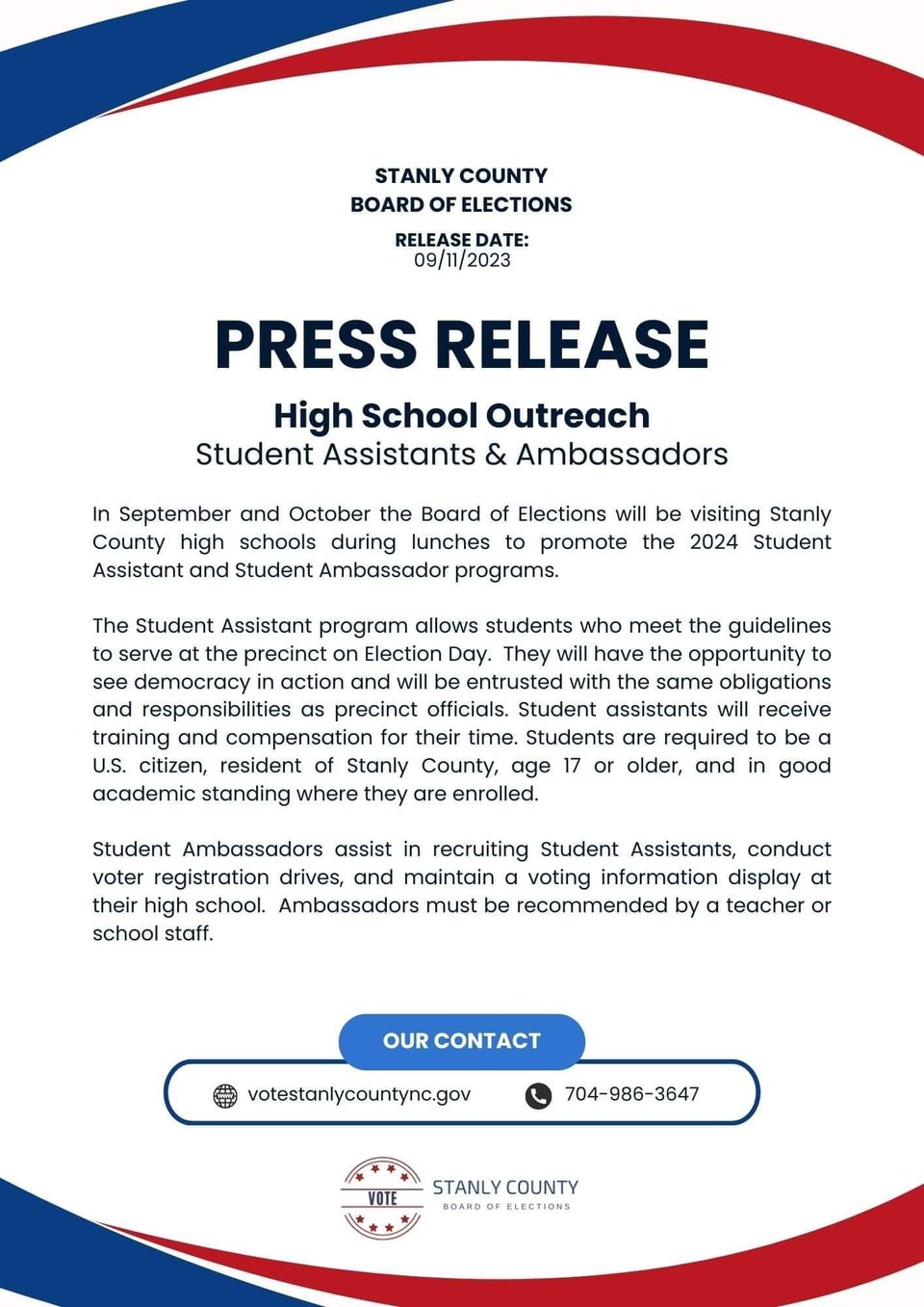 Stanly County Board of Elections Press Release