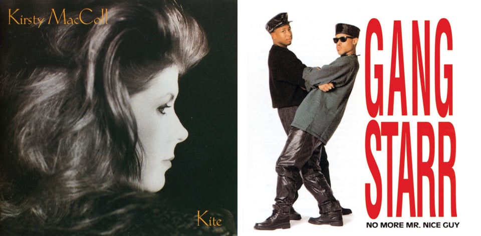 First pic: A black and white photo of Kirsty MacColl (RIP), a pretty white woman who I believe has red hair. It's just her shoulders and head, and her back is to us, and her head is pointed to the right in profile.  Second pic: Two young Black men looking at the camera on a totally white background. They are facing each other, but one is slightly in front of the other, and both are leaning back away from each other. Their arms are crossed. They both wear black hats, sweater-like shirts, and one has black sunglasses and what looks like baggy leather pants.