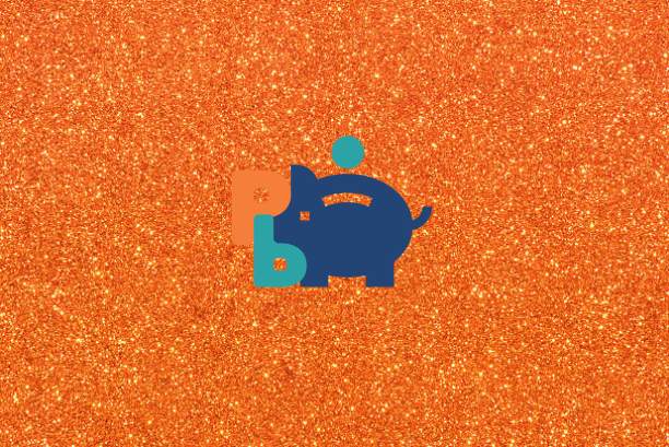 a sparkling orange graphic with the richmond people's budget pig logo and the letters P and B on the left side