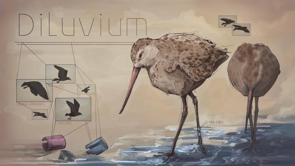 Two birds wander the mud flats under the text "Diluvium"