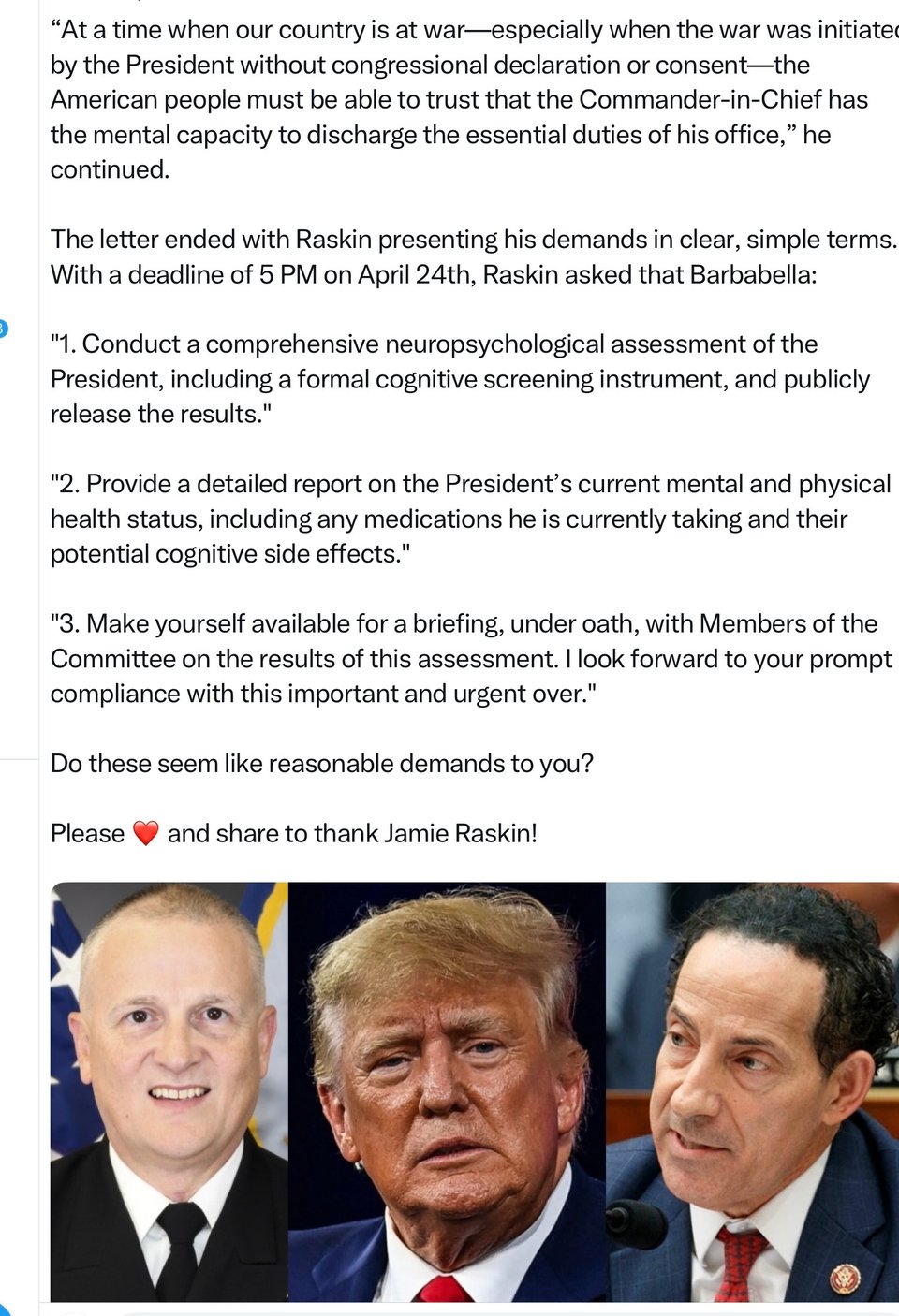  Representative Jamie Raskin calls the nation’s attention to Trump’s mental condition.