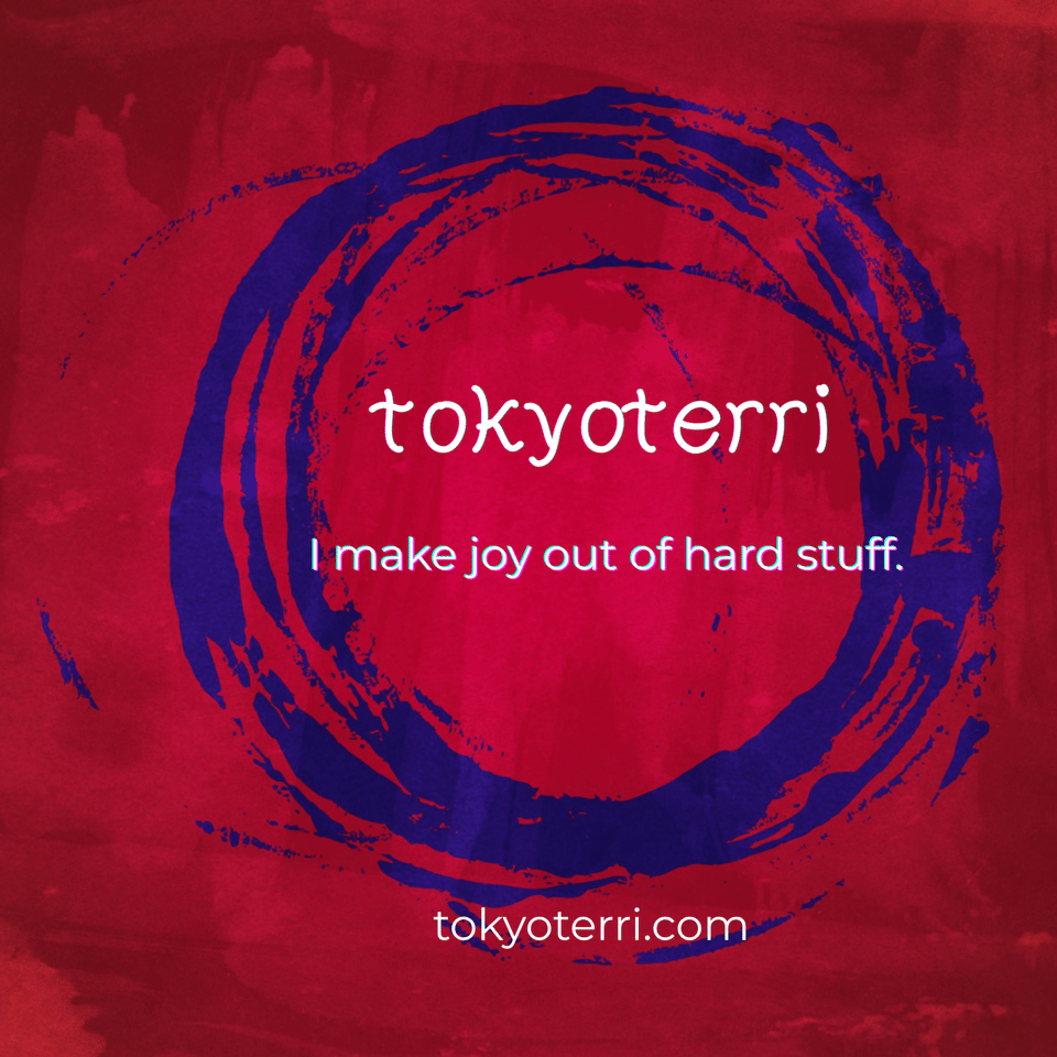 blue messy brushstrokes against a red watercolor background, with 'tokyoterr I make joy from hard stuff. tokyoterri.com' written in white.