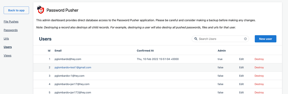 Password Pusher Admin Dashboard