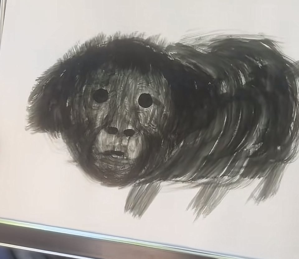 A drawing of a black dog; the dog in the illustration reminds me of the Babadook.