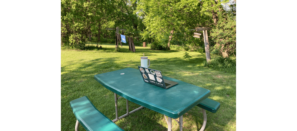 my summer office - I just drag the picnic to follow the shade