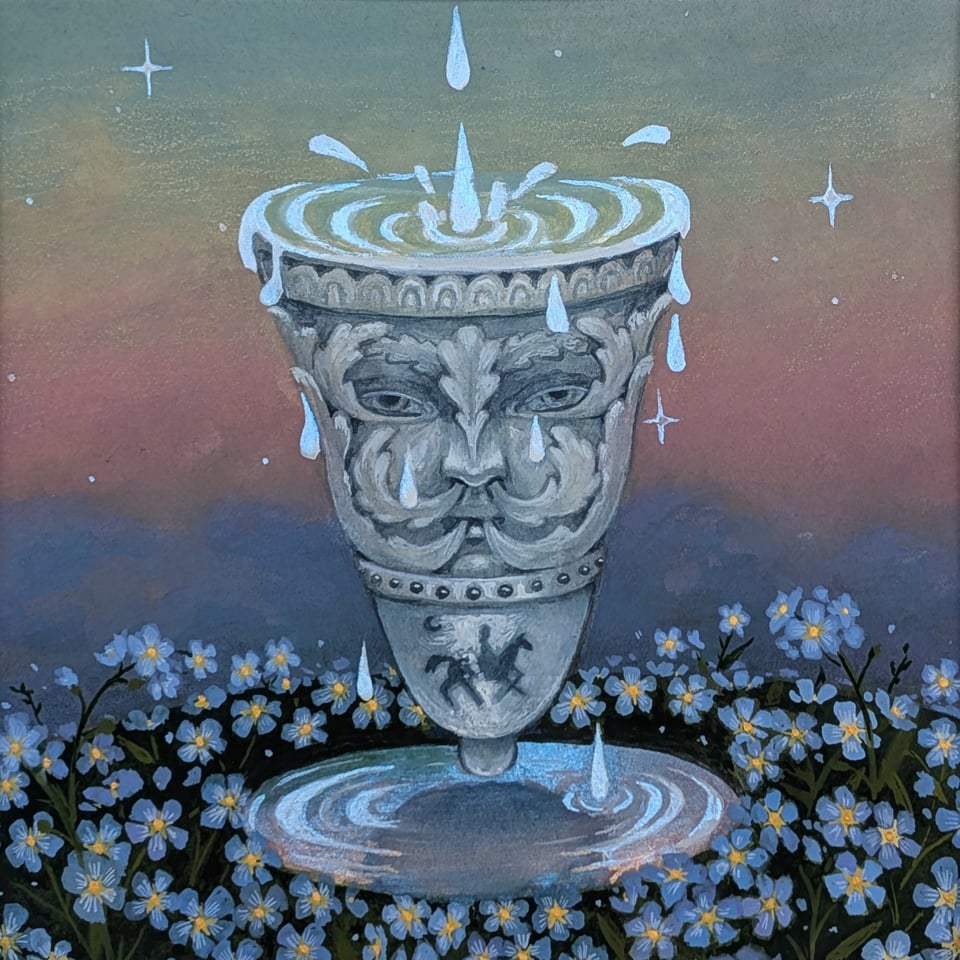 Painting of the Parting Glass amongst forget me not flowers