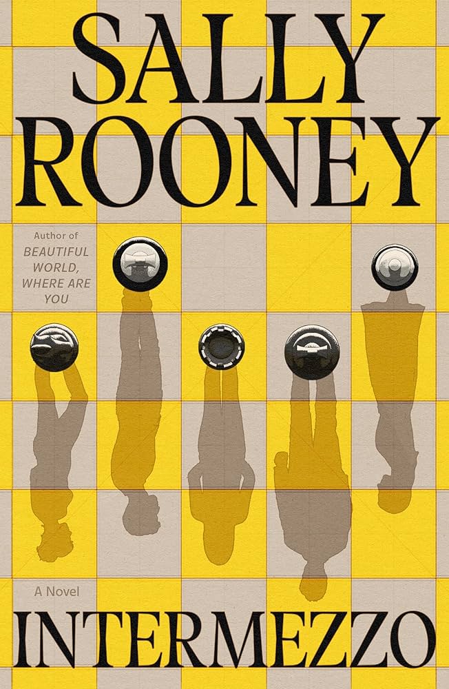 Intermezzo cover, taupe and yellow squares made to look like a chessboard, with five chesspieces and 2 male and 3 female silhouettes below them. Author name at top, title at bottom, in black serif text