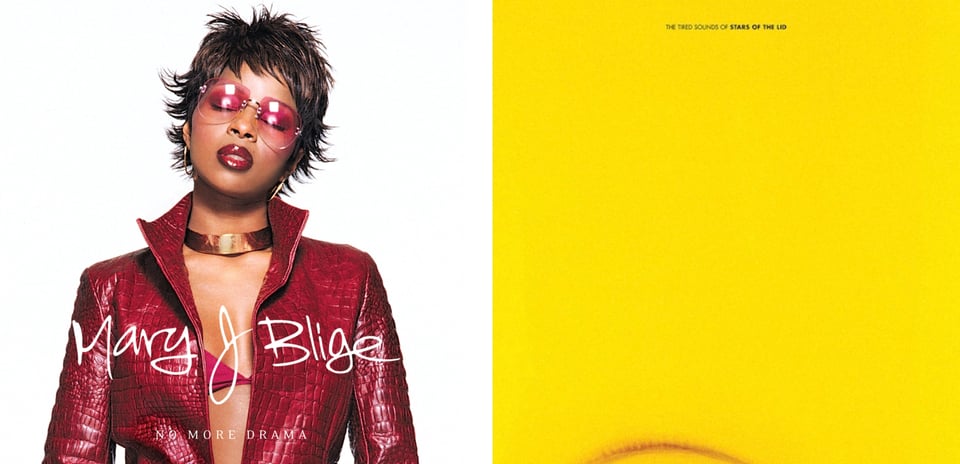 First pic: A photograph of Mary J. Blige, a Black woman with short spiky brown hair, wearing a red leather jacket and just a red brassiere underneath. She also wears red tinted glasses, and her eyes are closed. She has a kind of “take me away from here/I’m mentally getting away from here” look on her face. Second pic: The album cover is completely bright yellow, except for the top part of a red circle poking up from the bottem edge. The circle has a smeary quality, like a coffee cup stain.