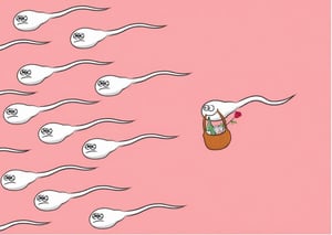Swimming sperms and one romantic sperm. Cartoon joke, vector illustration