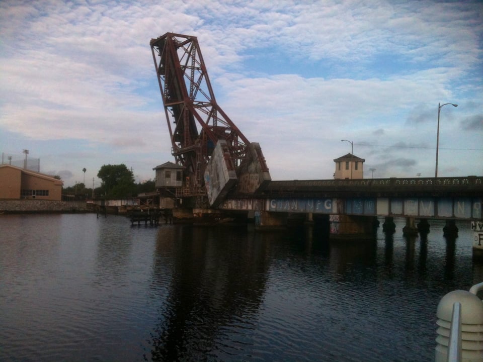 A photo of the bridge up on Cass Street in Tampa, crossing the Hillsborough River, looking east.