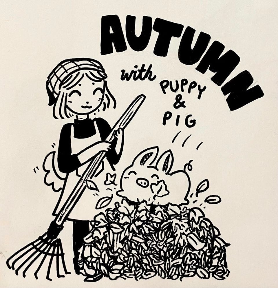 Pig jumping into a pile of leaves while Puppy happily watches, holding a rake