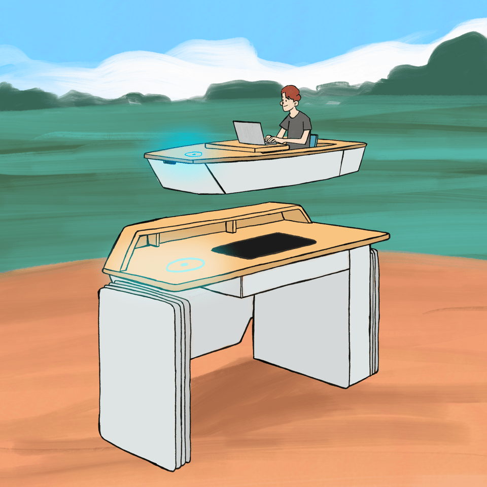 A desk is standing on the shore of a large body of water, another desk is floating in the middle of the water with a man sitting at the desk working away, the desk has been converted into a boat.