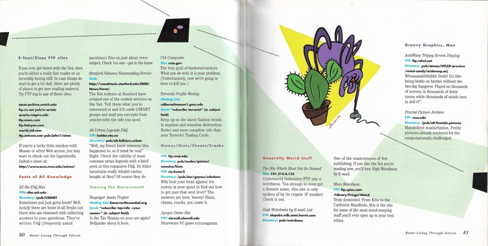 Screenshot of a two-page spread from a book. Columns of text are laid over an abstract patterened background, next to artwork of an anthropomorphic spider grabbing a mouse from atop a cactus. The columns feature different FTP and websites, giving short capsule descriptions