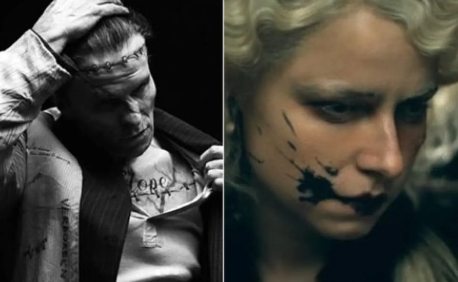A portrait of the actor Christian Bale with stitches and scars on his forehead and chest, besides a portrait of the actress Jessie Buckley with platinum hair, bleached eyebrows and black lips stained with black tint.