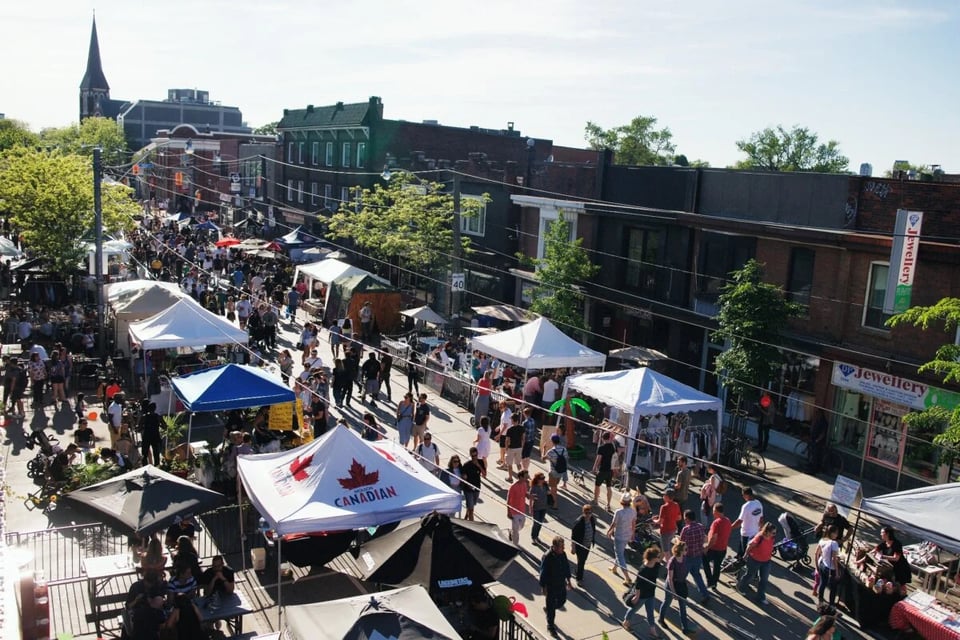 An aerial view of a street festival
