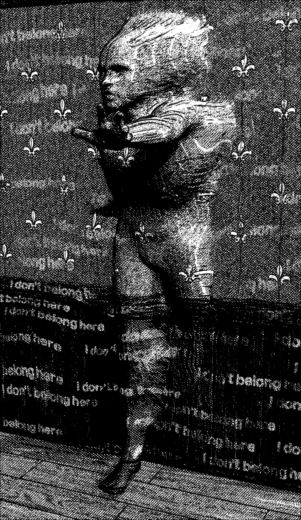 person passing through wall that says i don't belong here all over it