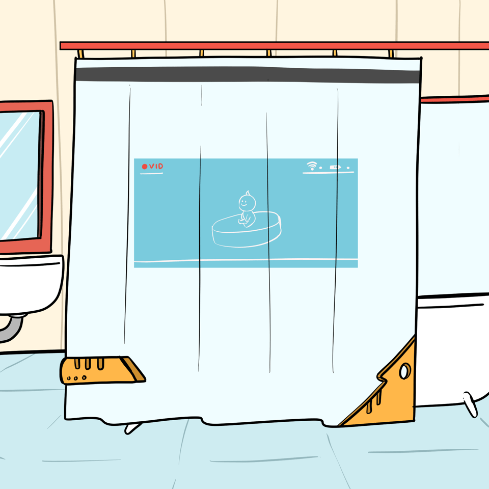 A bathroom with a shower curtain which has an integrated TV screen. The screen is showing an image of a baby.