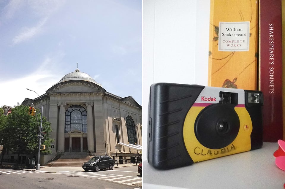 two digital Instax images: a temple in Brooklyn with a light blue sky above; and a disposable camera on a white shelf, with the name CLAUDIA written below the lens, and a pair of Shakespeare books behind it