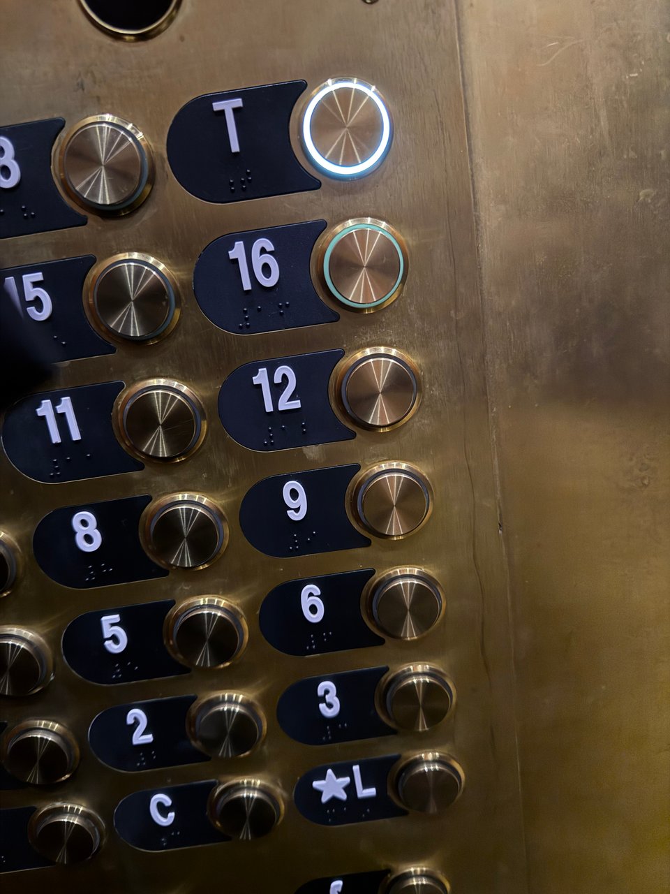 Photo of numbered elevator buttons in which the highest floor is marked T. The T button has been pressed and is lit up. Kinda like my clit.