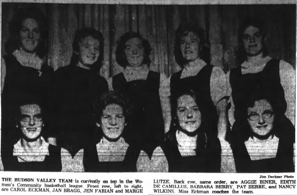 Newspaper clipping with photo of the Hudson Valley basketball team, with Carol Eckman sitting front left